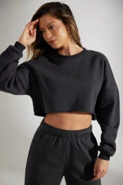 Cropped Oversized Sweatshirt In Washed Black -Core Fit Shop BT0509 5 Washed Black Cropped Crew Neck Sweatshirt