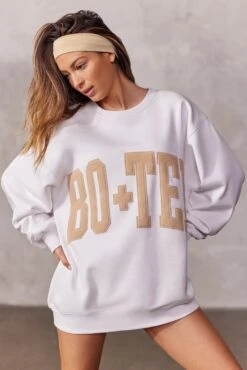 Oversized Sweatshirt In White -Core Fit Shop BT0515 3 White Beige Print Oversized Sweater