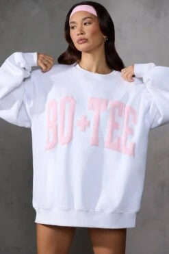 Oversized Sweatshirt In Baby Pink Print -Core Fit Shop BT0515 3 White Pink Print Oversized Jumper