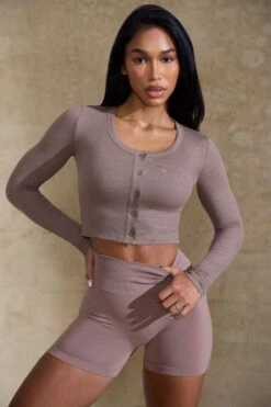 Cropped Rib Cardigan In Mocha -Core Fit Shop BT0516 2 Frame Tan Cropped Cardigan