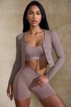 Cropped Rib Cardigan In Mocha -Core Fit Shop BT0516 5 Frame Tan Cropped Cardigan