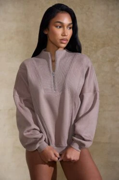 Oversized Half Zip Sweatshirt In Brown -Core Fit Shop BT0517 1 Comfort Zone Brown Oversized Half Zip Sweater