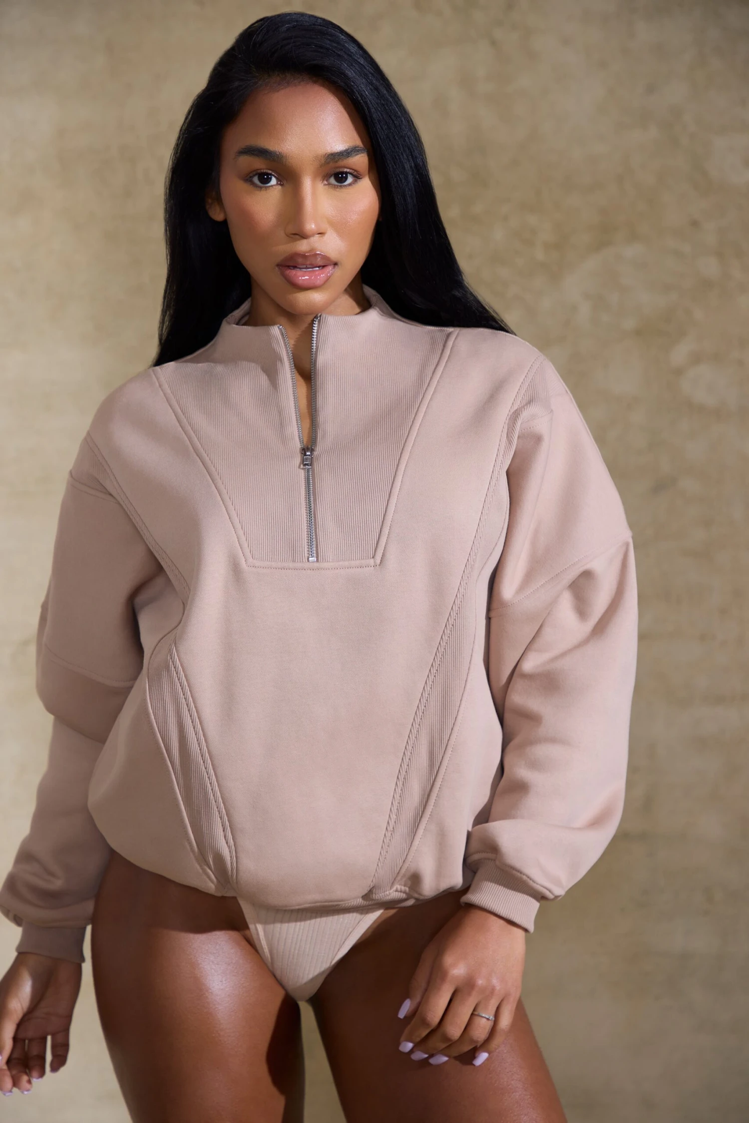 Oversized Half Zip Sweatshirt In Taupe 8 Oversized Half Zip Sweatshirt In Taupe - Image 6