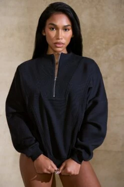 Oversized Half Zip Sweatshirt In Black -Core Fit Shop BT0517 2 Comfort Black Oversized Half Zip Sweater