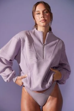 Oversized Half Zip Sweatshirt In Dusty Lilac -Core Fit Shop BT0517 2 Comfort Zone Lavender Oversized Half Zip Sweater