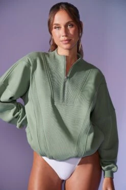 Oversized Half Zip Sweatshirt In Sage -Core Fit Shop BT0517 3 Comfort Zone Sage Oversized Half Zip Sweater