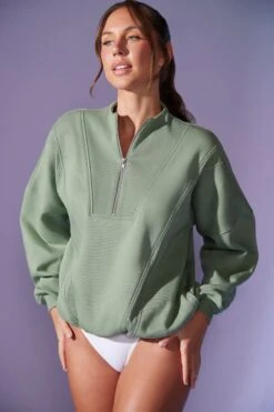 Oversized Half Zip Sweatshirt In Sage -Core Fit Shop BT0517 4 Comfort Zone Sage Oversized Half Zip Sweater