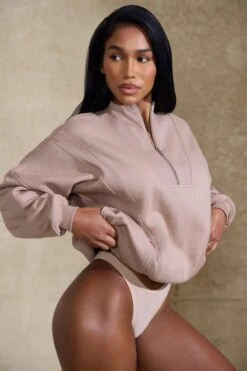 Oversized Half Zip Sweatshirt In Taupe 12 Oversized Half Zip Sweatshirt In Taupe -Core Fit Shop BT0517 5 Taupe Oversized Half Zip Sweater