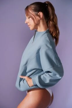 Oversized Half Zip Sweatshirt In Denim Blue 12 Oversized Half Zip Sweatshirt In Denim Blue -Core Fit Shop BT0517 6 Comfort Zone Slate Blue Oversized Half Zip Sweater