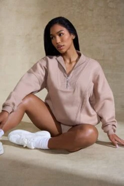 Oversized Half Zip Sweatshirt In Taupe 14 Oversized Half Zip Sweatshirt In Taupe -Core Fit Shop BT0517 8 Taupe Oversized Half Zip Sweater