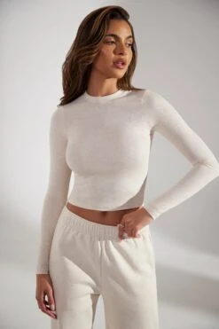 Soft Rib Long Sleeve Top In Heather Oat -Core Fit Shop BT0518 1 Oat Long Sleeve Top