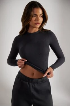 Soft Rib Long Sleeve Top In Washed Black -Core Fit Shop BT0518 1 Washed Black Long Sleeve Top