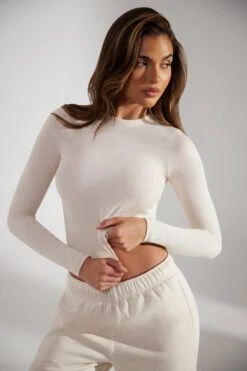 Soft Rib Long Sleeve Top In Heather Oat -Core Fit Shop BT0518 2 Oat Long Sleeve Top