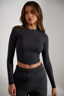 Soft Rib Long Sleeve Top In Washed Black -Core Fit Shop BT0518 2 Washed Black Long Sleeve Top