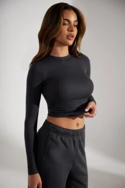 Soft Rib Long Sleeve Top In Washed Black -Core Fit Shop BT0518 4 Washed Black Long Sleeve Top