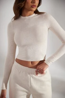 Soft Rib Long Sleeve Top In Heather Oat -Core Fit Shop BT0518 6 Oat Long Sleeve Top