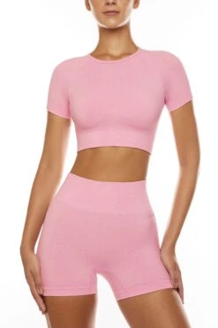 Seamless Backless Crop Top In Pink -Core Fit Shop BT0571 3 Tenacity Pink Backless Crop Top