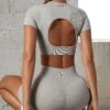 Seamless Backless Crop Top In Grey -Core Fit Shop BT0571 8 Tenacity Grey Backless Crop Top