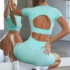 Seamless Backless Crop Top In Sky Blue -Core Fit Shop BT0571 9 Tenacity Sky Blue Backless Crop Top