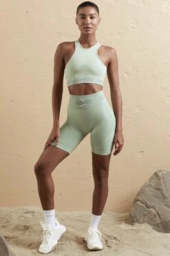 Seamless High Waist Biker Shorts In Sage -Core Fit Shop BT0598 BT0608 1 Aqua Racer Front Top Cycling Shorts