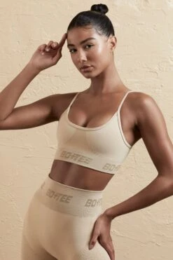 Curved Neckline Sports Bra In Beige