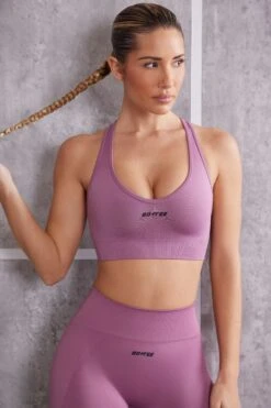 Plunge Neck Sports Bra In Mauve -Core Fit Shop BT0613 1 In Check Pink Cross Back Crop Top
