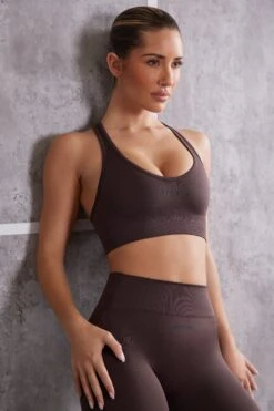 Plunge Neck Sports Bra In Brown 14 Plunge Neck Sports Bra In Brown -Core Fit Shop BT0613 2 Brown Plunge Sports Bra