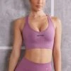 Plunge Neck Sports Bra In Mauve -Core Fit Shop BT0613 2 In Check Pink Cross Back Crop Top