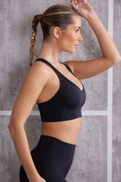 Plunge Neck Sports Bra In Jet Black 11 Plunge Neck Sports Bra In Jet Black -Core Fit Shop BT0613 7 Black Plunge Sports Bra