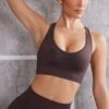 Plunge Neck Sports Bra In Brown -Core Fit Shop BT0613 7 Brown Plunge Sports Bra