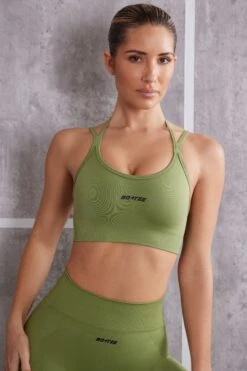 Scoop Neck Sports Bra In Olive 15 Scoop Neck Sports Bra In Olive -Core Fit Shop BT0615 BT0612 2 Aligned Olive Scoop Sport Bra Superset Full Length Leggings
