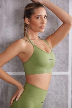 Scoop Neck Sports Bra In Olive 11 Scoop Neck Sports Bra In Olive -Core Fit Shop BT0615 BT0612 3 Aligned Olive Scoop Sport Bra Superset Full Length Leggings