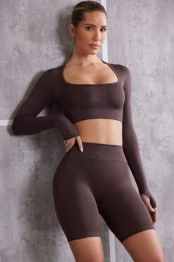 Long Sleeve Crop Top In Brown