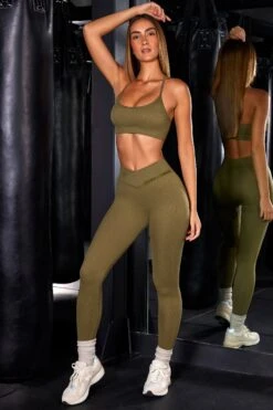 High Waist Ribbed Leggings In Olive