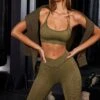 Scoop Neck Halter Sports Bra In Olive -Core Fit Shop BT0621 7 BT0626 Olive V Waistband Leggings Scoop Sports Bra