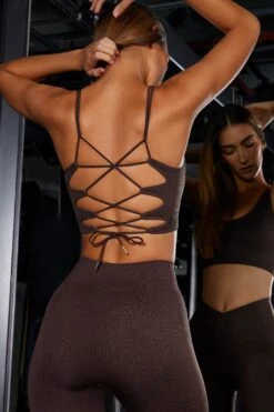 Open Back Plunge Neck Sports Bra In Brown -Core Fit Shop BT0624 1 Brown PLunge Sports Bra