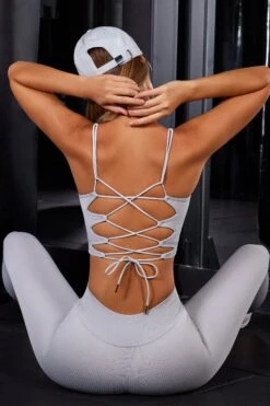 Open Back Plunge Neck Sports Bra In Grey -Core Fit Shop BT0624 3 Grey PLunge Sports Bra