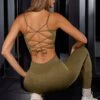 Open Back Plunge Neck Sports Bra In Olive -Core Fit Shop BT0624 5 Olive PLunge Sports Bra