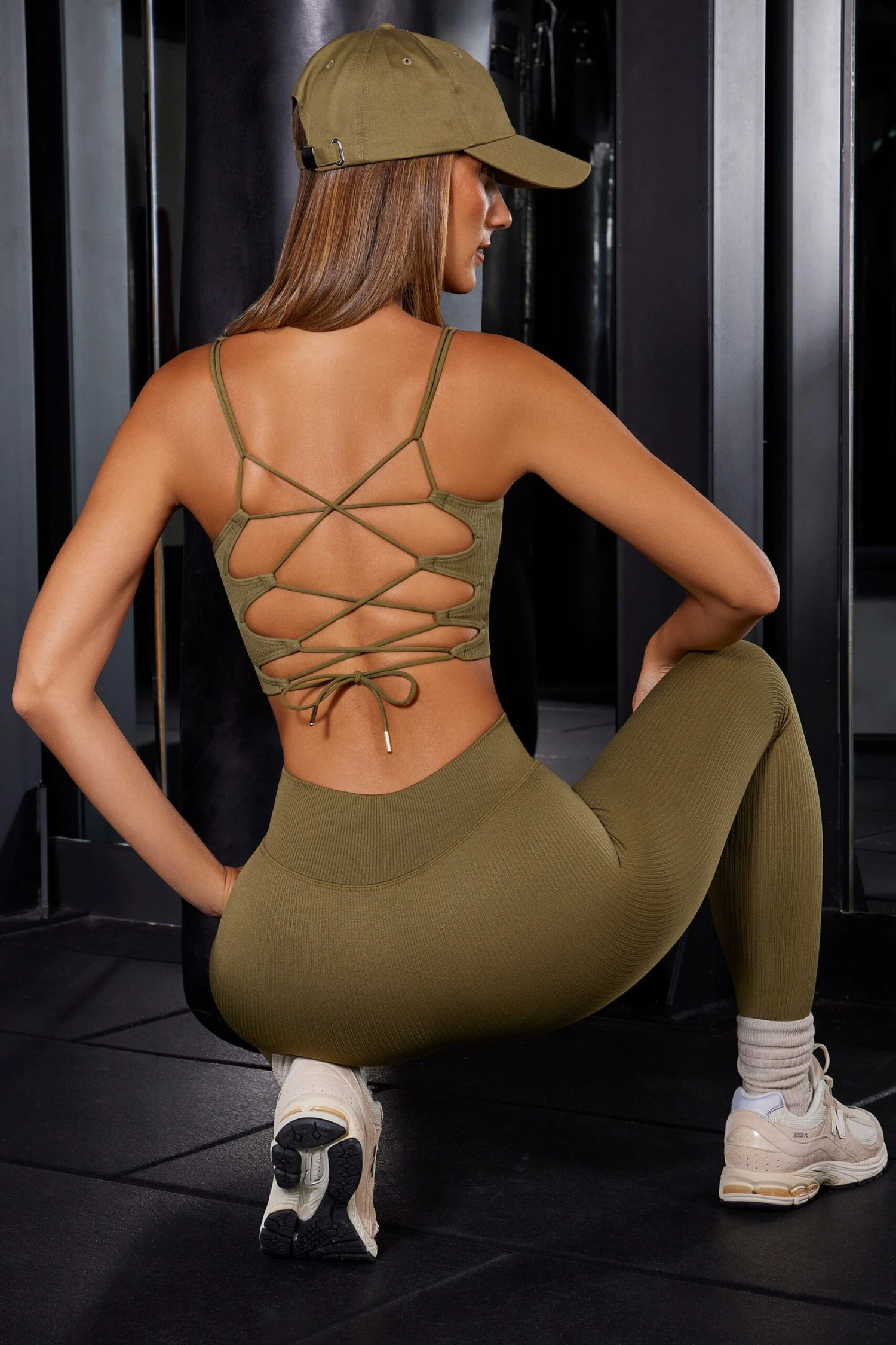 Open Back Plunge Neck Sports Bra In Olive 3 Open Back Plunge Neck Sports Bra In Olive
