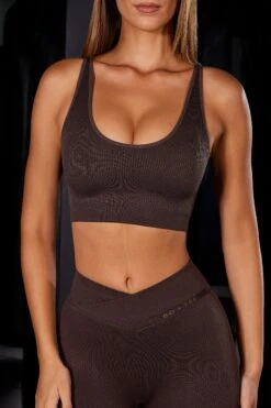 Open Back Plunge Neck Sports Bra In Brown -Core Fit Shop BT0624 6 Brown PLunge Sports Bra