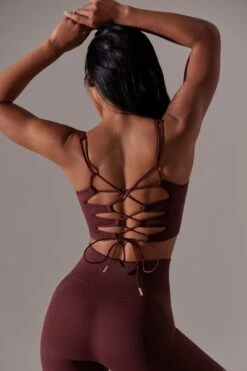 Open Back Square Neck Sports Bra In Burgundy -Core Fit Shop BT0652 1 Burgundy Square Neck Lace Up Back Sports Bra
