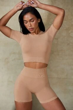 High Waist Define Luxe Mini Shorts In Warm Taupe -Core Fit Shop BT0669 1 Contour Beige Mini Shorts