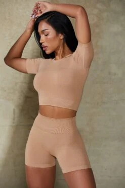 High Waist Define Luxe Mini Shorts In Warm Taupe -Core Fit Shop BT0669 4 Contour Beige Mini Shorts