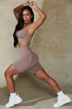 High Waist Define Luxe Biker Shorts In Mocha -Core Fit Shop BT0670 2 In Shape Tan Biker Shorts