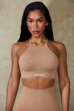 High Neck Open Back Define Luxe Sports Bra In Warm Taupe -Core Fit Shop BT0674 2 Prime Beige High Neck Sports Bra