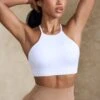 High Neck Open Back Define Luxe Sports Bra In White -Core Fit Shop BT0674 2 Prime White High Neck Sports Bra