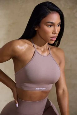High Neck Open Back Define Luxe Sports Bra In Mocha 11 High Neck Open Back Define Luxe Sports Bra In Mocha -Core Fit Shop BT0674 4 Prime Tan High Neck Sports Bra