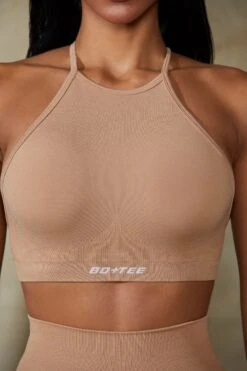 High Neck Open Back Define Luxe Sports Bra In Warm Taupe -Core Fit Shop BT0674 8 Prime Beige High Neck Sports Bra