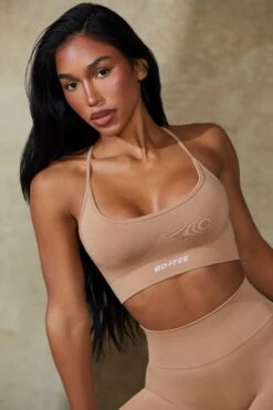 Low Back Define Luxe Sports Bra In Warm Taupe -Core Fit Shop BT0675 2 Definition Beige Low Back Crop Top