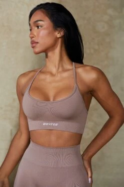 Low Back Define Luxe Sports Bra In Mocha -Core Fit Shop BT0675 2 Definition Tan Low Back Crop Top